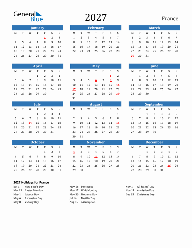 France 2027 Calendar with Holidays
