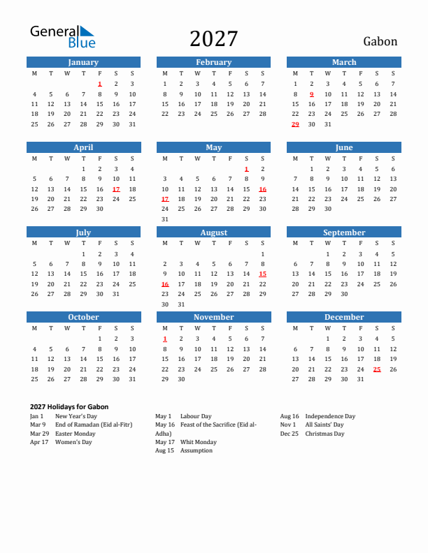 Gabon 2027 Calendar with Holidays