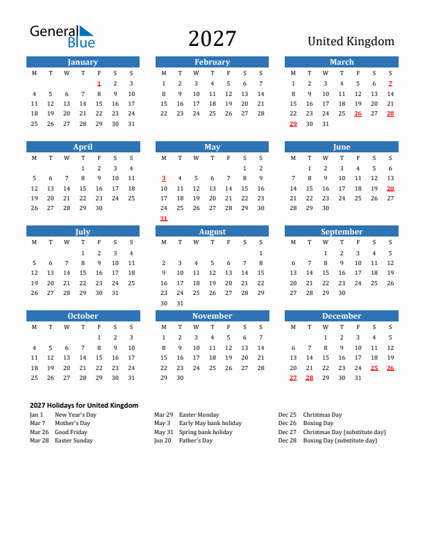 United Kingdom 2027 Calendar with Holidays