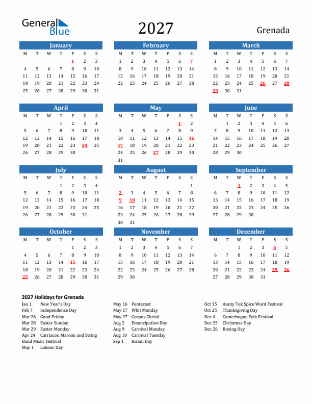 Grenada 2027 Calendar with Holidays