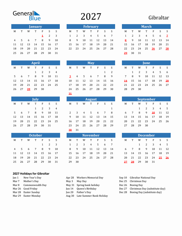 Gibraltar 2027 Calendar with Holidays