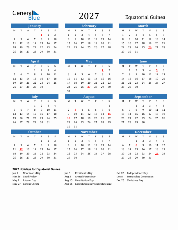 Equatorial Guinea 2027 Calendar with Holidays
