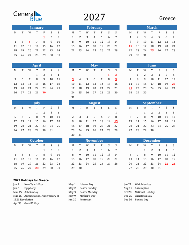 Greece 2027 Calendar with Holidays