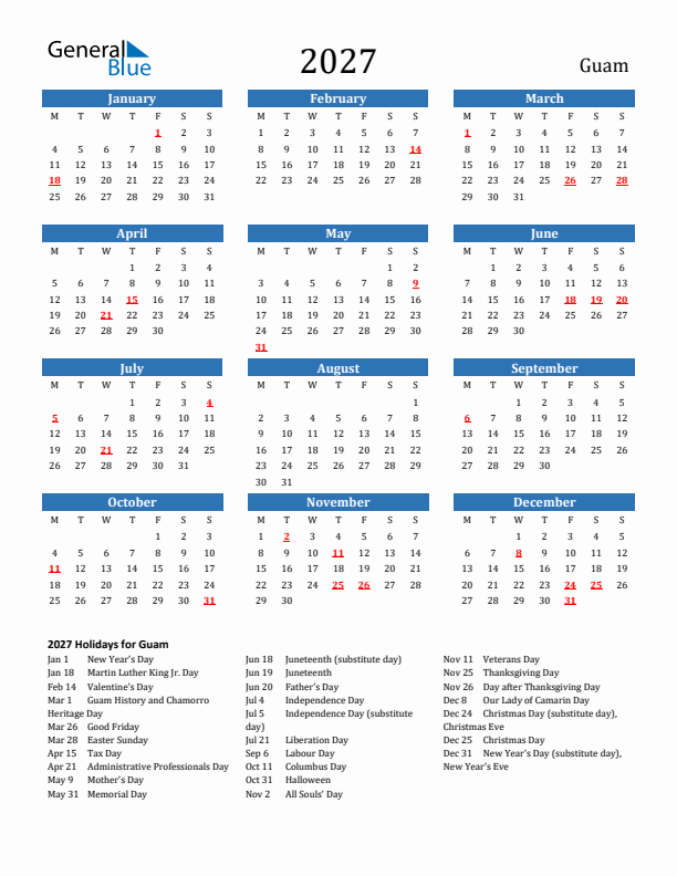 Guam 2027 Calendar with Holidays