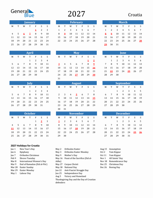 Croatia 2027 Calendar with Holidays