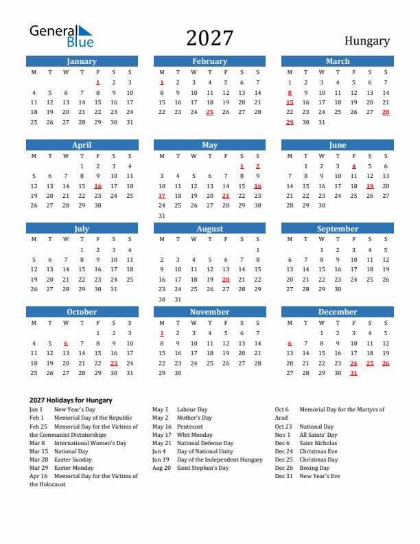 Hungary 2027 Calendar with Holidays