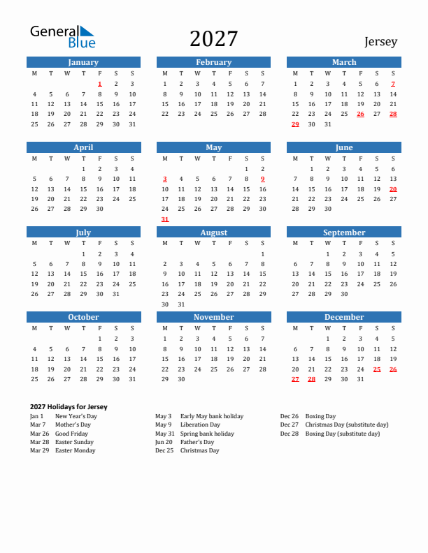 Jersey 2027 Calendar with Holidays