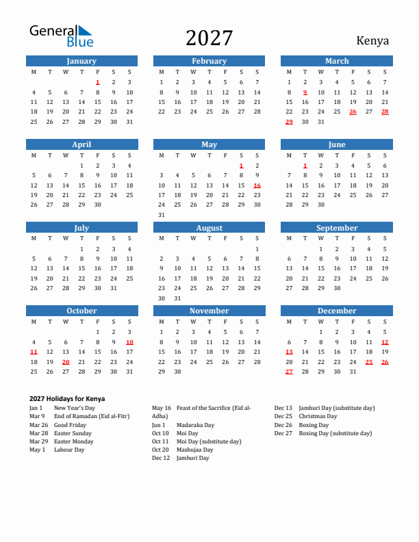 Kenya 2027 Calendar with Holidays