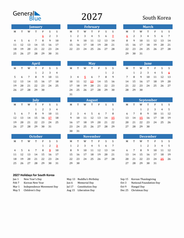 South Korea 2027 Calendar with Holidays