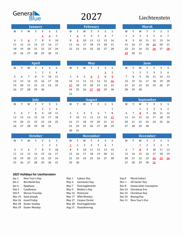 Liechtenstein 2027 Calendar with Holidays