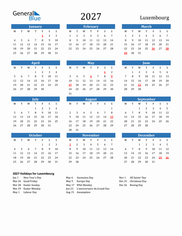 Luxembourg 2027 Calendar with Holidays