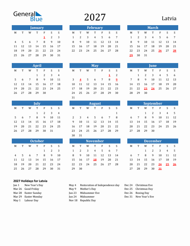 Latvia 2027 Calendar with Holidays