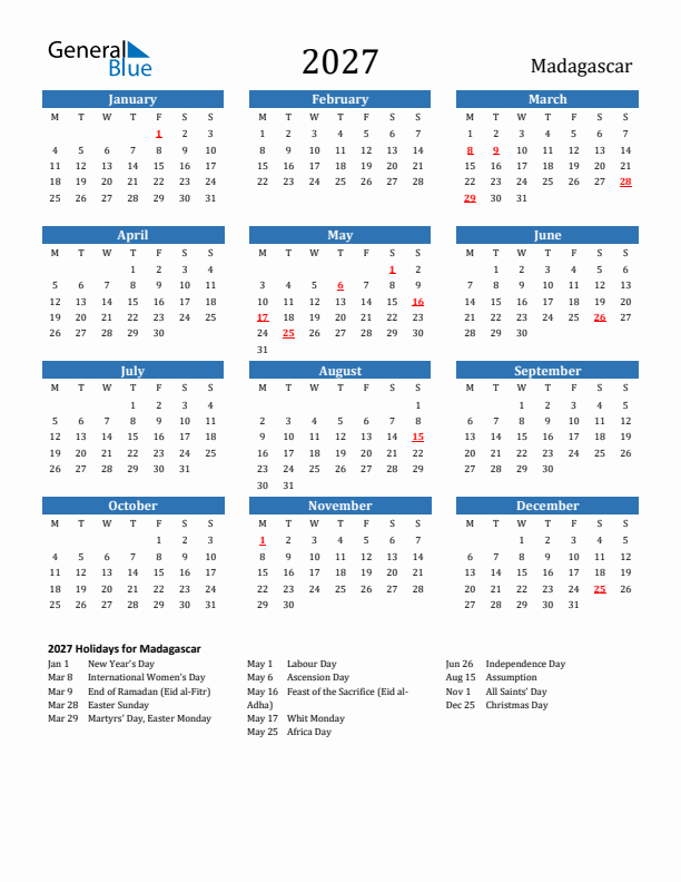 Madagascar 2027 Calendar with Holidays