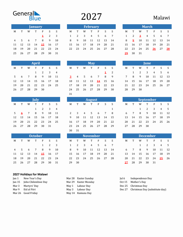 Malawi 2027 Calendar with Holidays