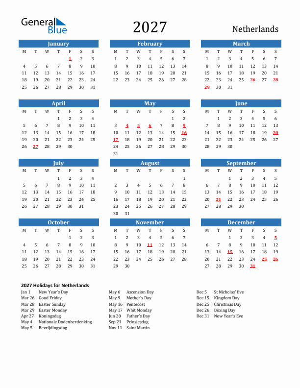 The Netherlands 2027 Calendar with Holidays