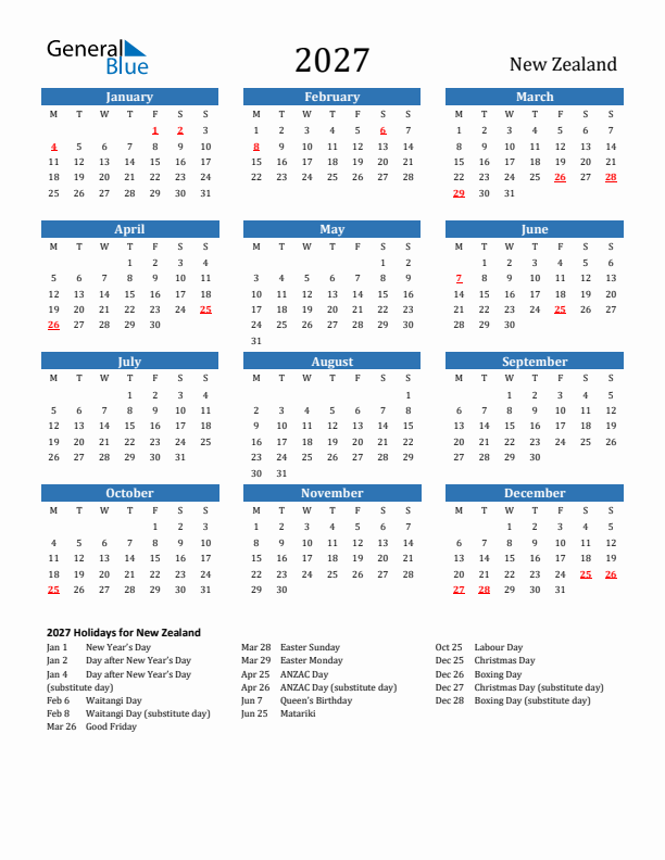 New Zealand 2027 Calendar with Holidays