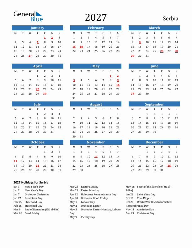 Serbia 2027 Calendar with Holidays