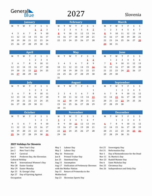 Slovenia 2027 Calendar with Holidays