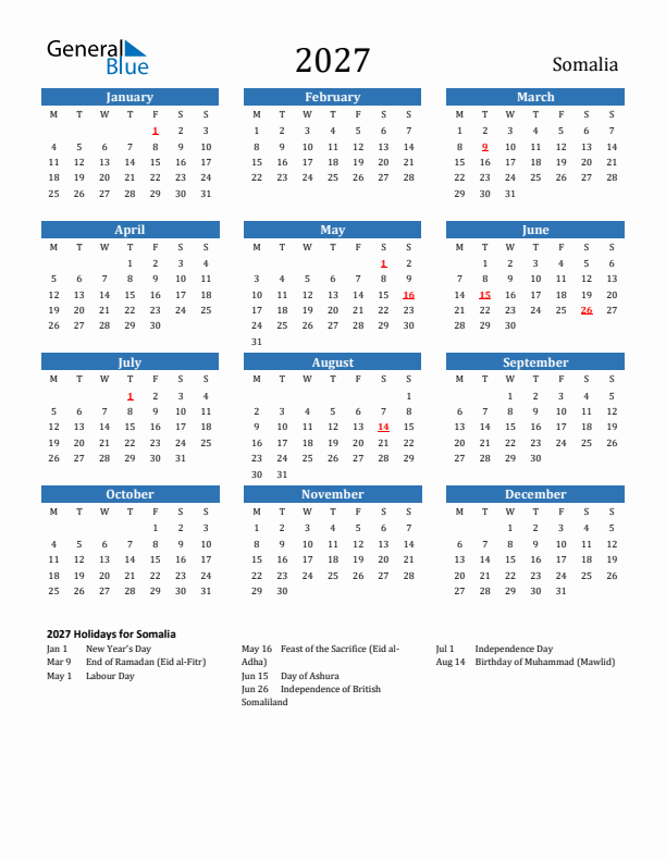 Somalia 2027 Calendar with Holidays