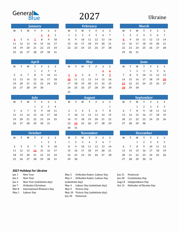Ukraine 2027 Calendar with Holidays