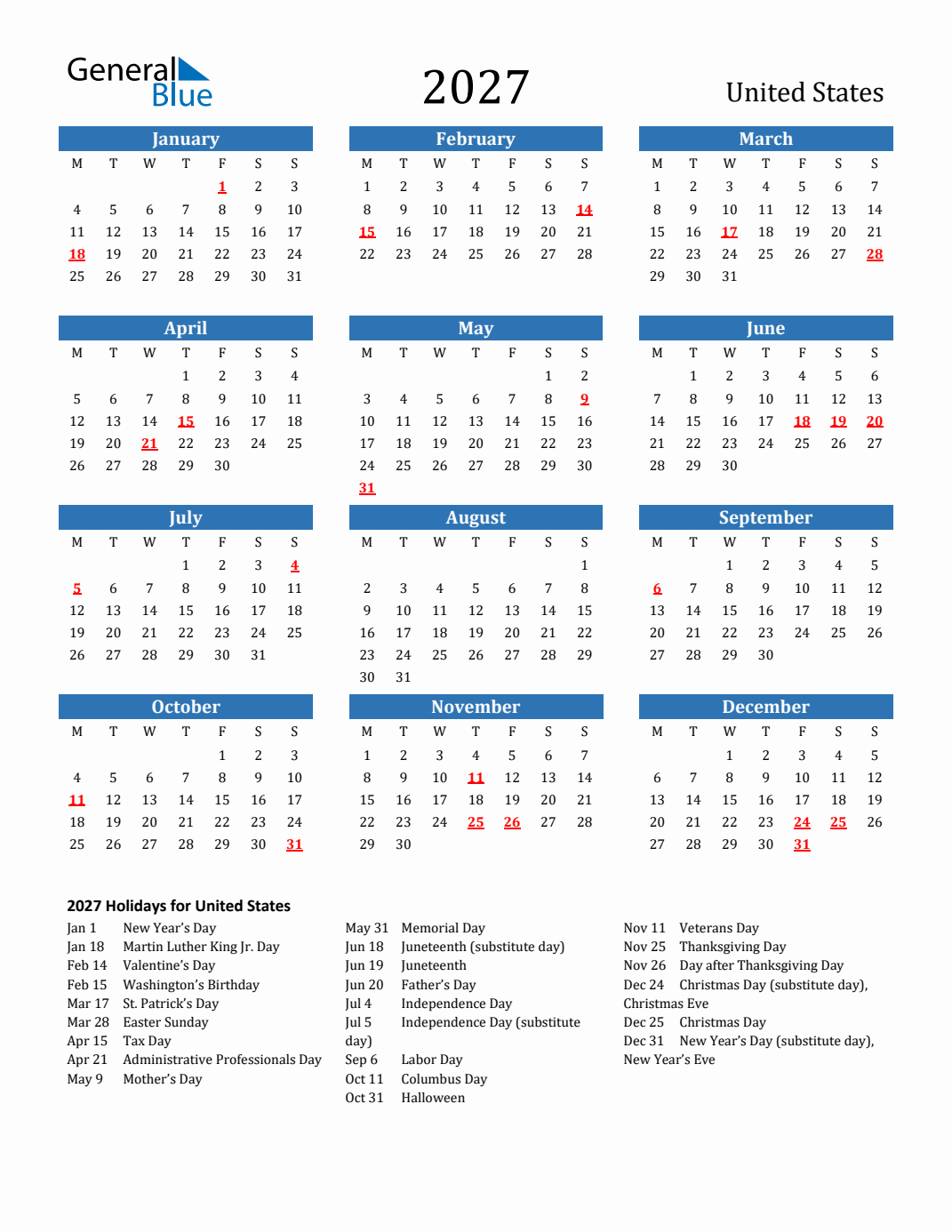 2027 Holiday Calendar For United States Monday Start