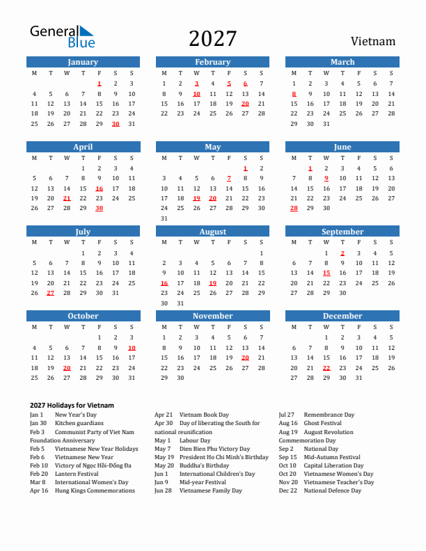 Vietnam 2027 Calendar with Holidays