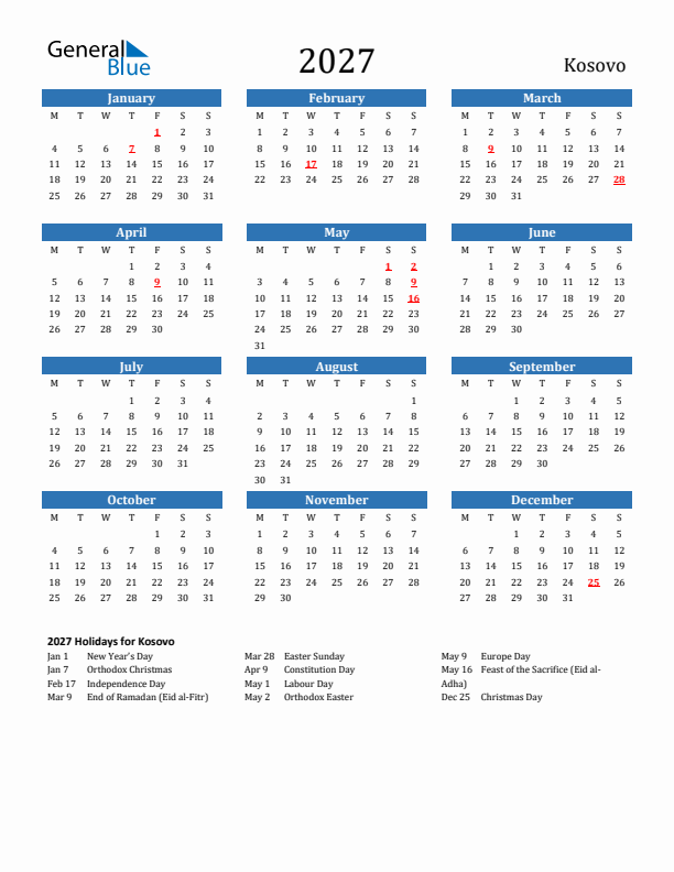Kosovo 2027 Calendar with Holidays