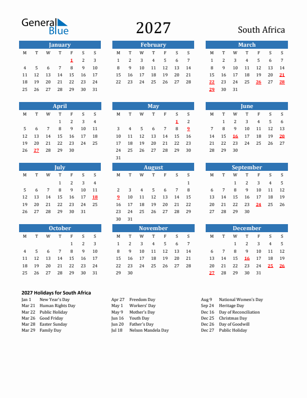 South Africa 2027 Calendar with Holidays
