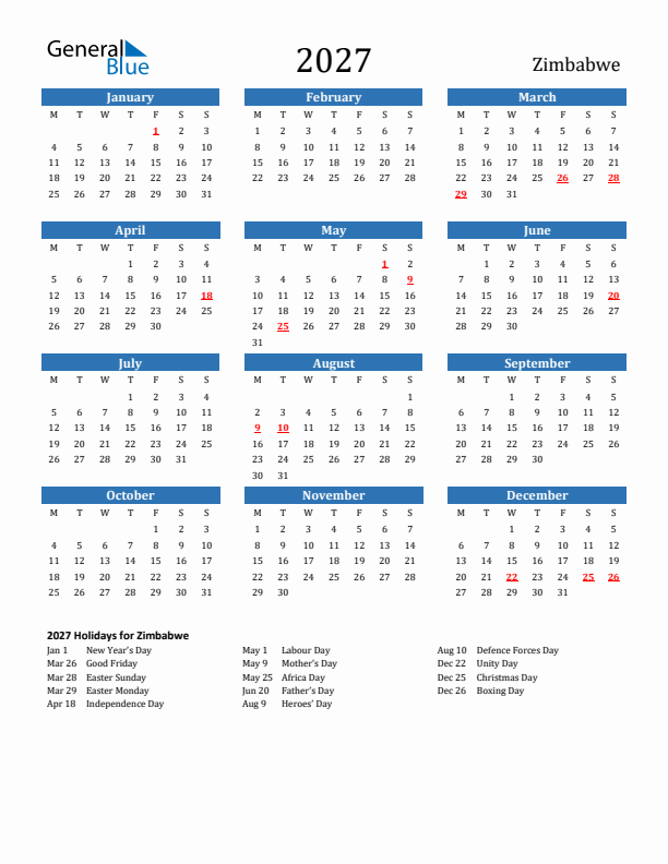 Zimbabwe 2027 Calendar with Holidays