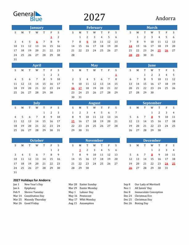 Andorra 2027 Calendar with Holidays