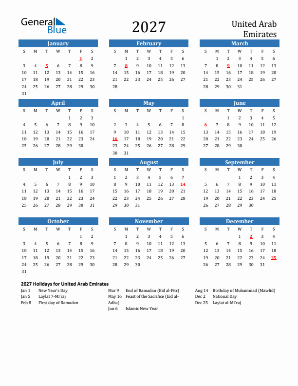 United Arab Emirates 2027 Calendar with Holidays