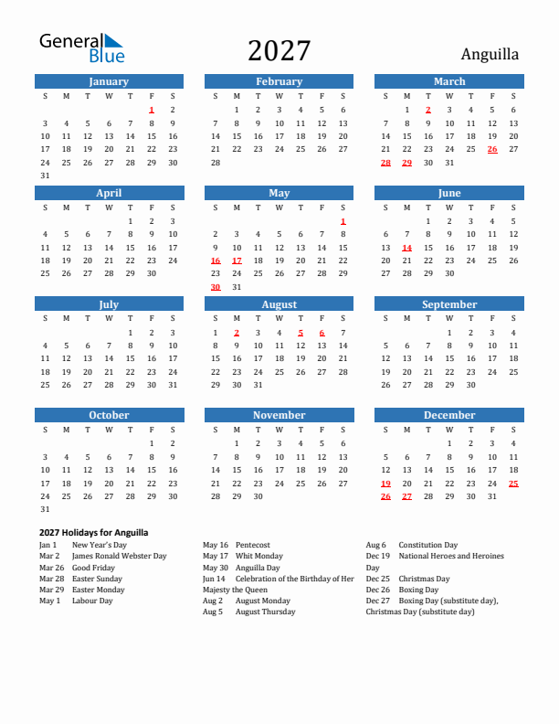 Anguilla 2027 Calendar with Holidays