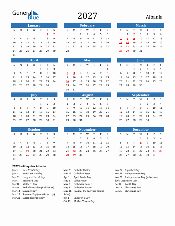 Albania 2027 Calendar with Holidays