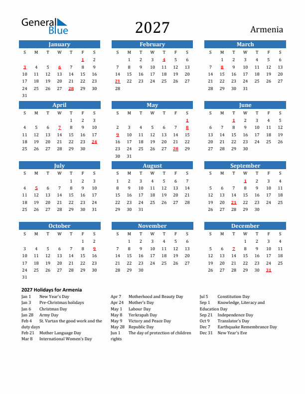 Armenia 2027 Calendar with Holidays