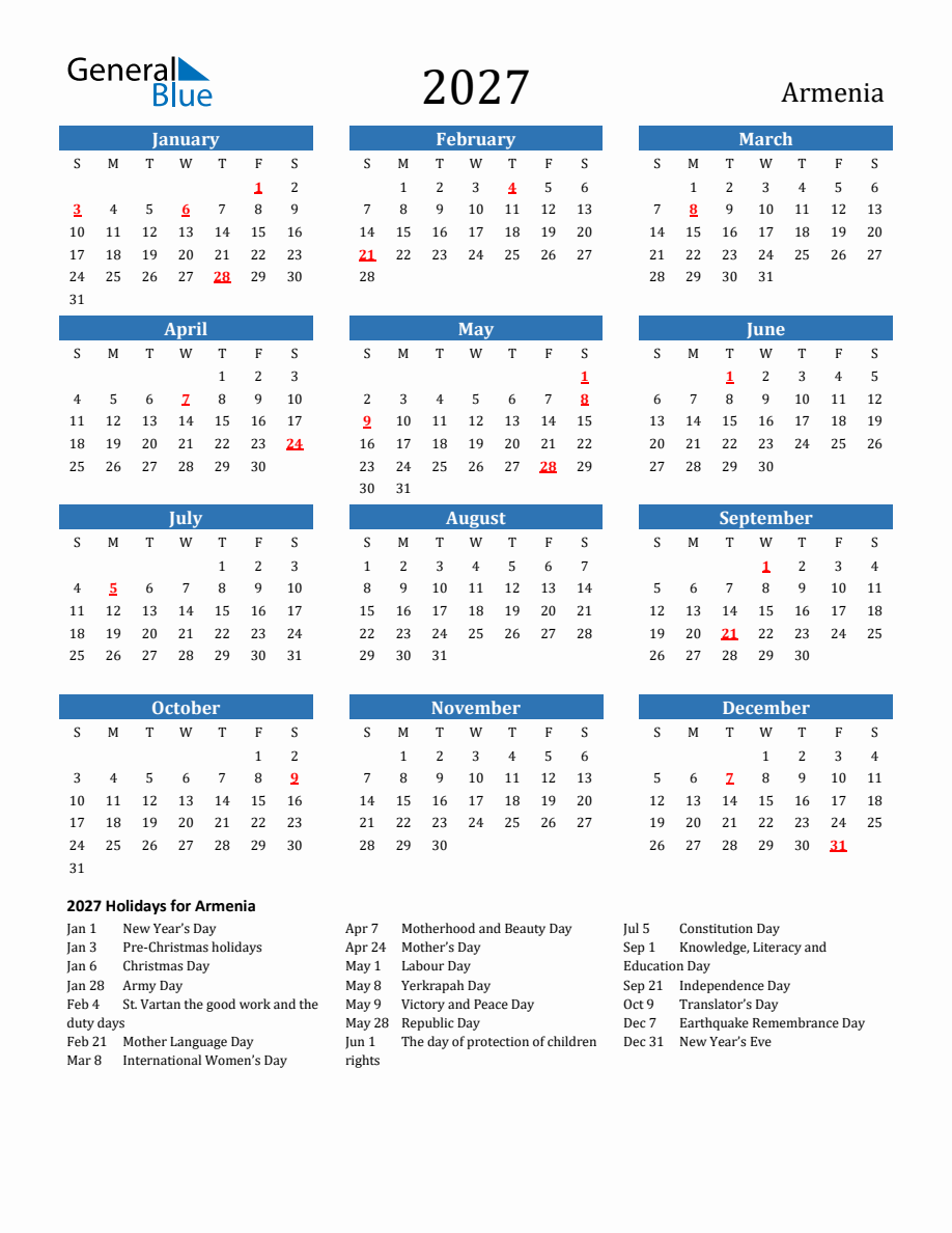 Armenia 2027 Calendar With Holidays