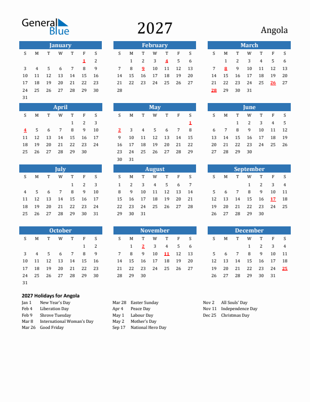 Angola 2027 Calendar with Holidays