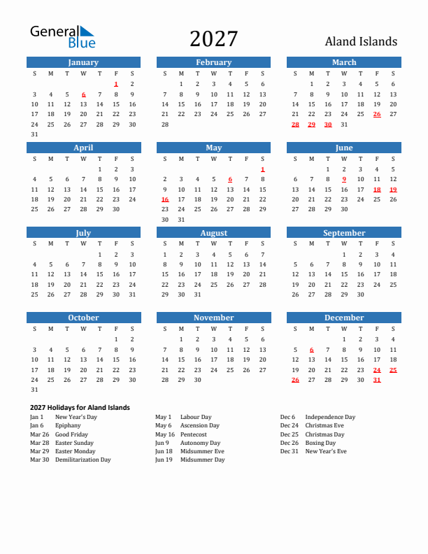 Aland Islands 2027 Calendar with Holidays