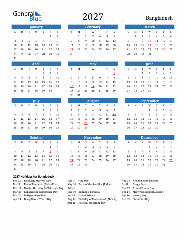 Bangladesh 2027 Calendar with Holidays