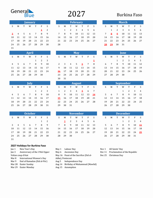 Burkina Faso 2027 Calendar with Holidays