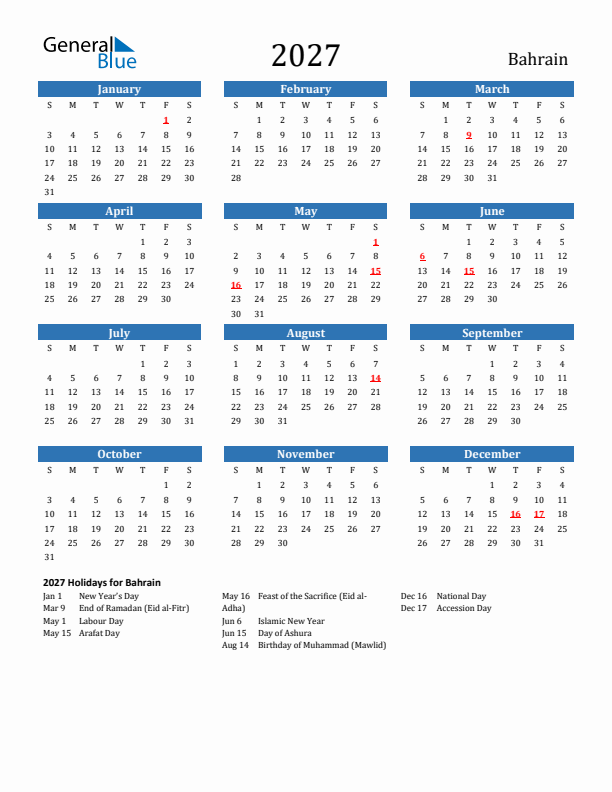 Bahrain 2027 Calendar with Holidays