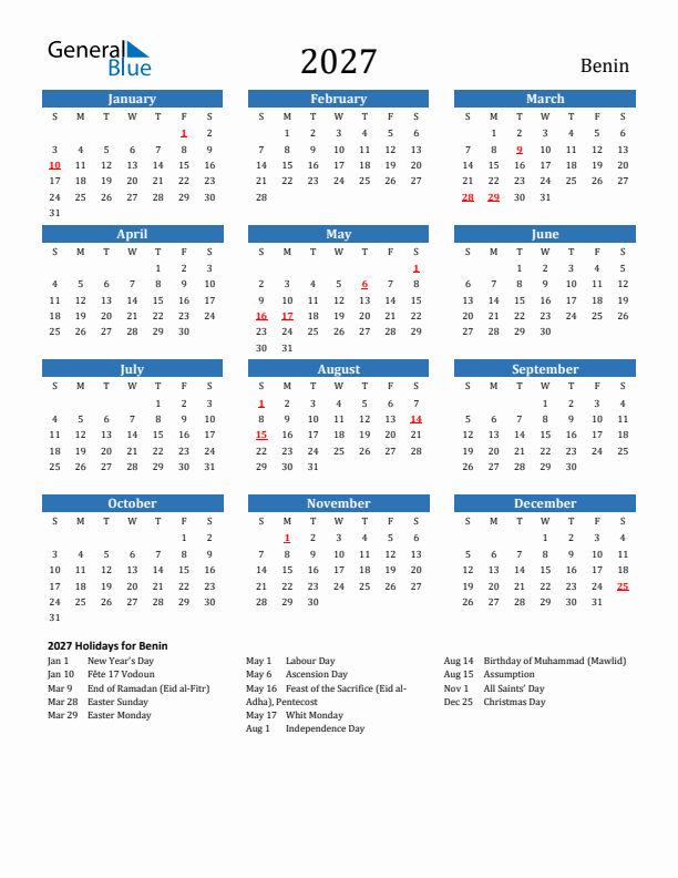 Benin 2027 Calendar with Holidays