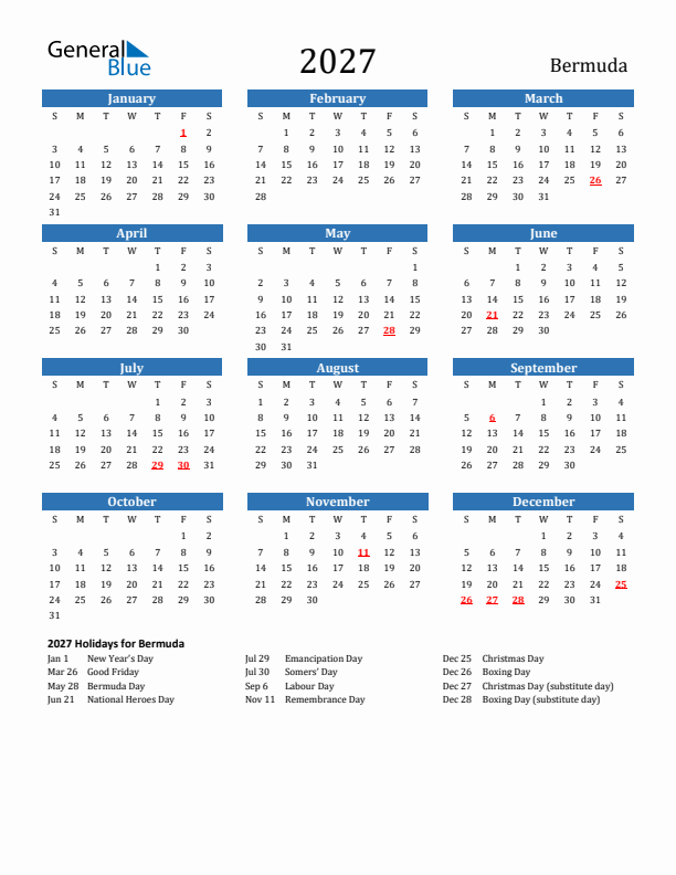 Bermuda 2027 Calendar with Holidays