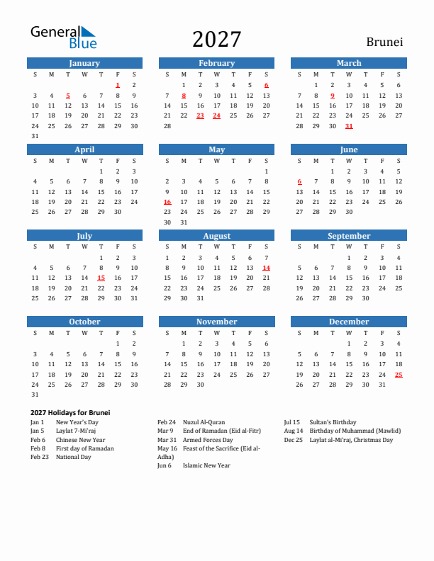 Brunei 2027 Calendar with Holidays