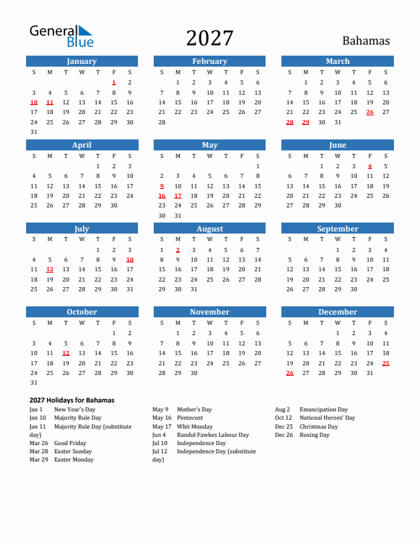Bahamas 2027 Calendar with Holidays