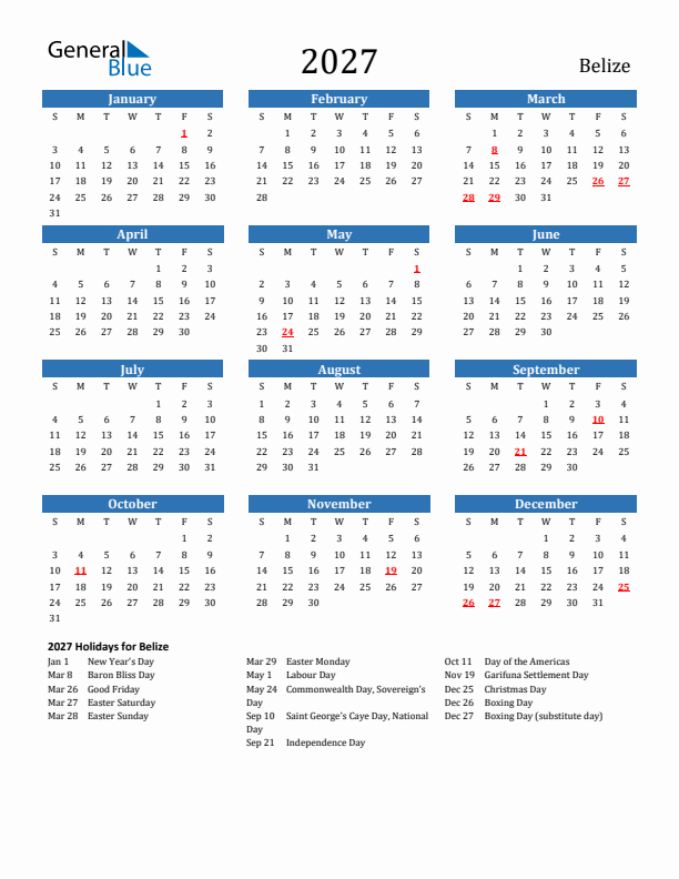 Belize 2027 Calendar with Holidays