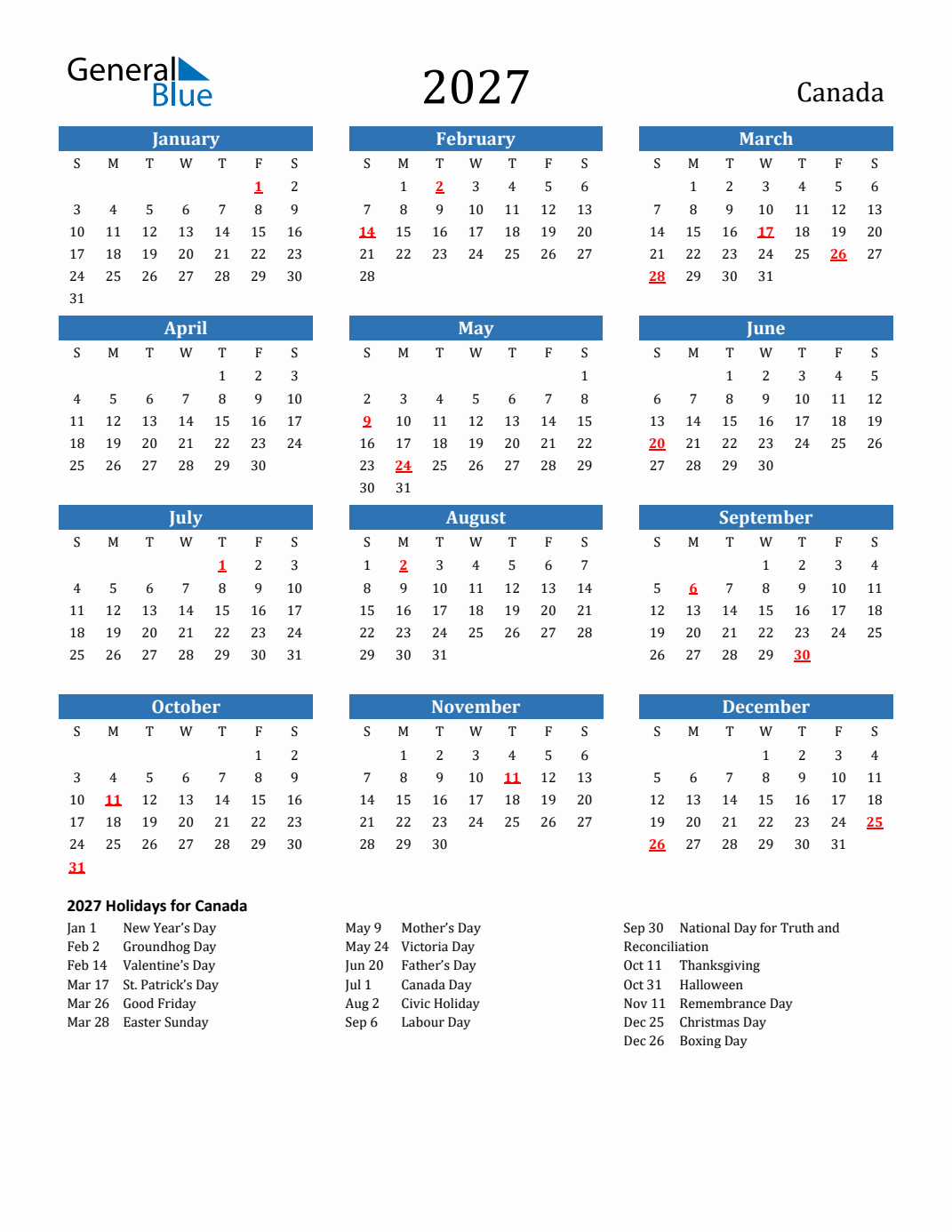 2027 Canada Calendar with Holidays
