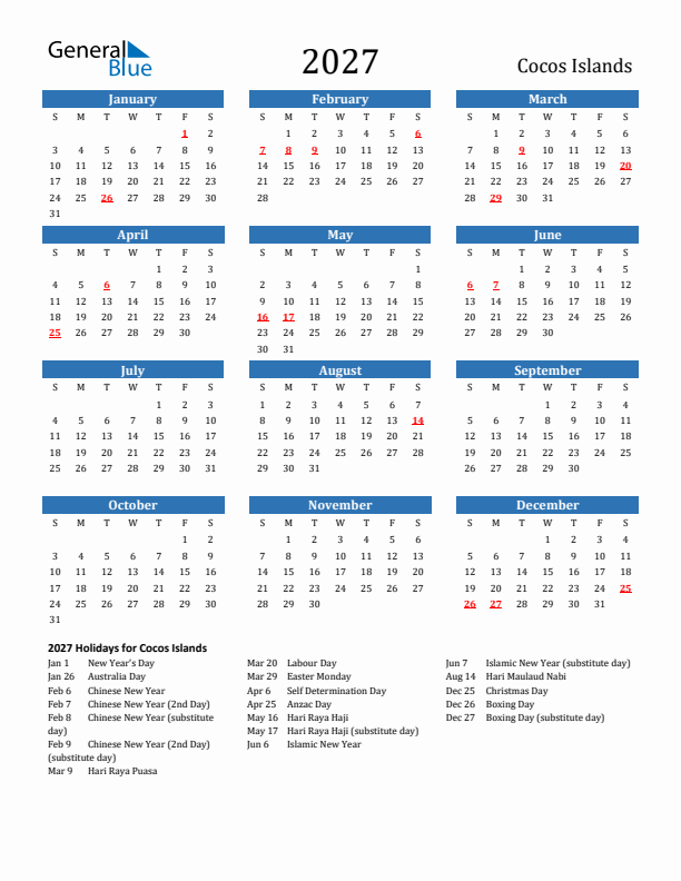 Cocos Islands 2027 Calendar with Holidays
