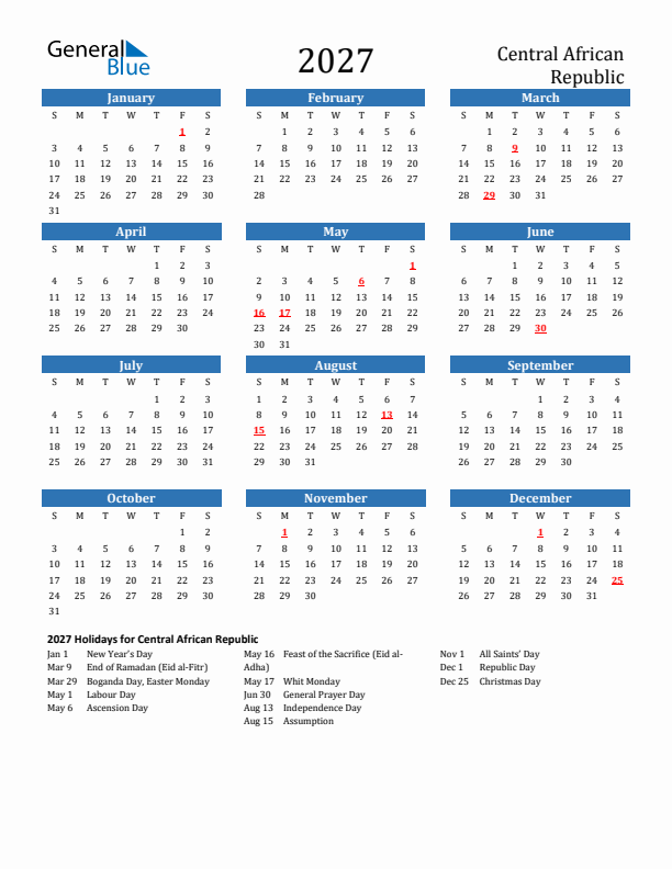 Central African Republic 2027 Calendar with Holidays