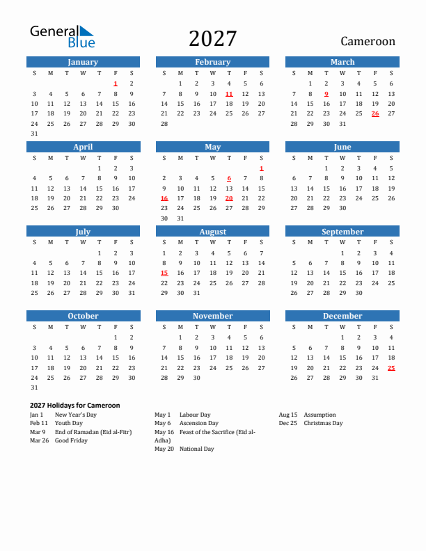 Cameroon 2027 Calendar with Holidays