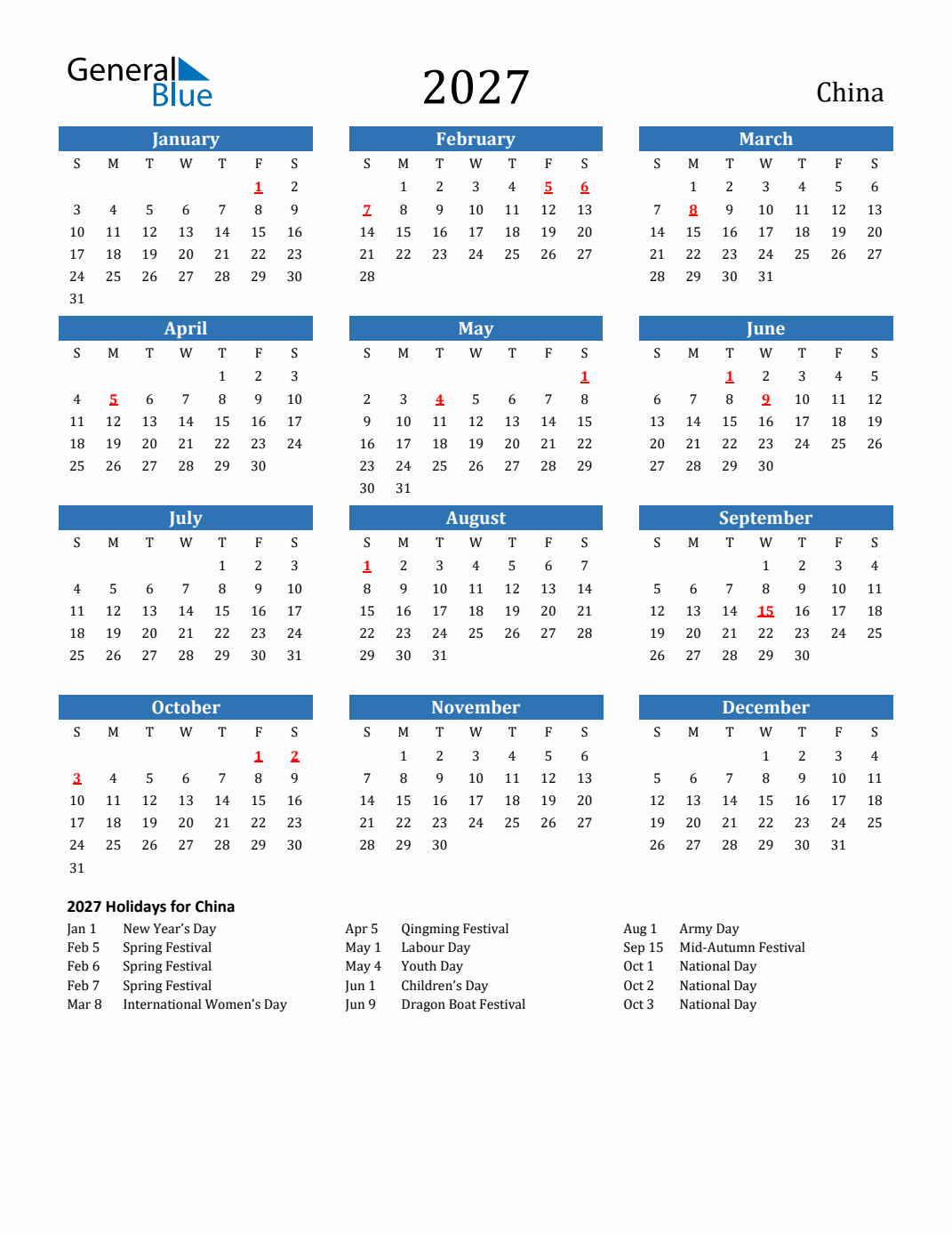 2027 China Calendar with Holidays